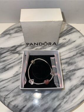 Authentic Pandora Sterling Silver Snake Bracelet With Three Heart ❤️ Charms